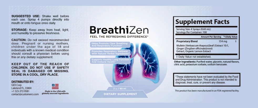 BreathiZen bottle label with directions, caution and the full Supplement Facts panel